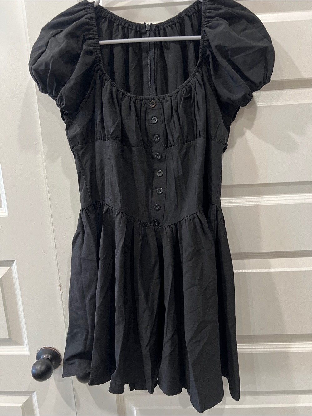Black Babydoll Dress Button-Front Zipper Back Mini Dress